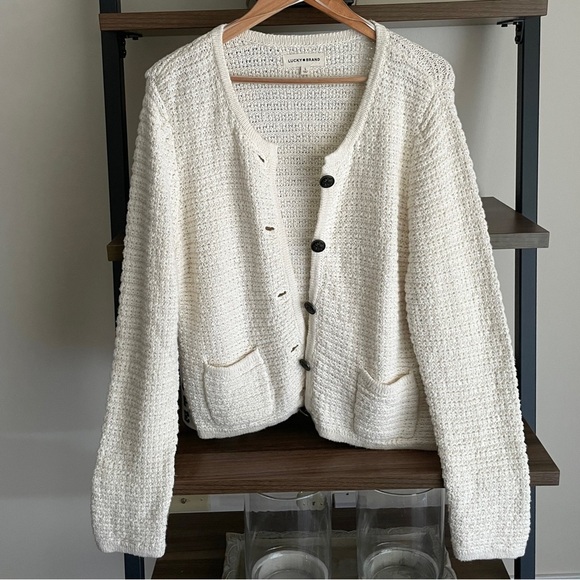 Lucky Brand Knit Cardigan with Floral Etched Buttons, Size L - Picture 8 of 14